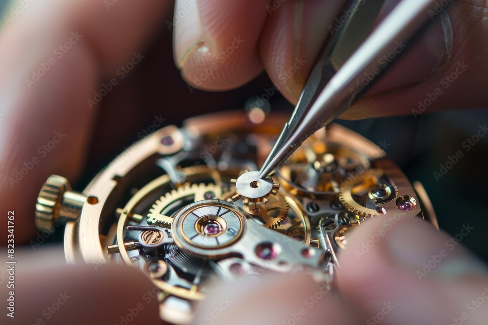 Poster This image captures the meticulous skill involved in watchmaking, showcasing tiny gears and parts