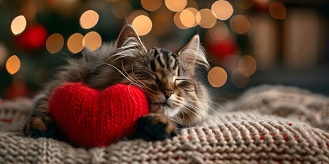 A Cozy Red Heart Embraced by a Furry Feline on a Postcard with Selective Focus and Copy Space....