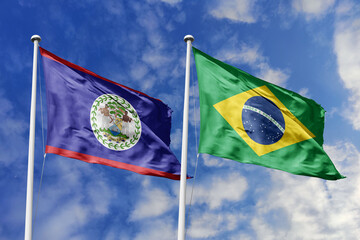 3d illustration. Belize and Brazil Flag waving in sky. High detailed waving flag. 3D render. Waving...