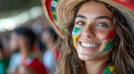 Happy football fan woman on stadium, created with Generative AI technology