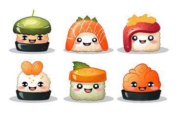 Served sushi set, cartoon characters isolated on white background. Japanese cuisine