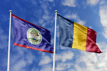 3d illustration. Belize and Chad Flag waving in sky. High detailed waving flag. 3D render. Waving...