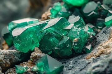 Close-up image of multiple emerald crystals on a rock showcasing their vibrant green hue and natural uncut form