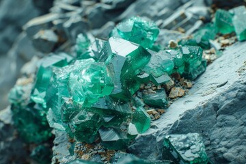 Emeralds seen in their natural rocky surroundings, focusing on their texture and surrounding geological context