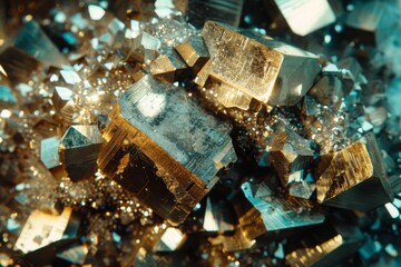 Close-up image featuring golden pyrite crystals, also known as fool's gold, with natural cubic formations and a dark, blurred background