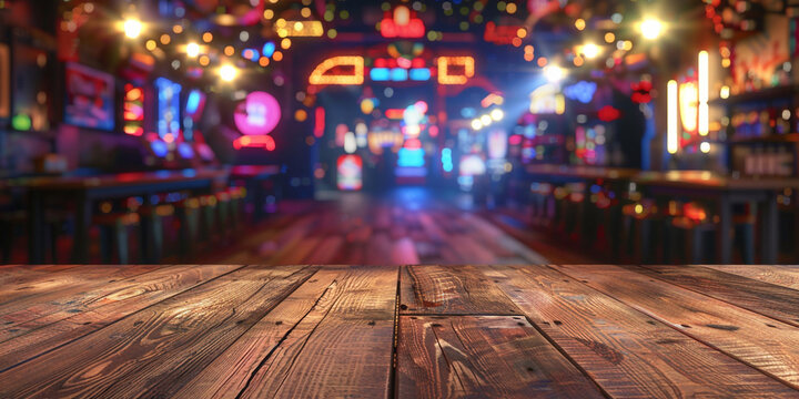 A retroinspired game room with arcade games and neon lights with blur background