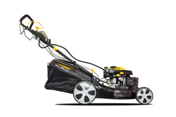 New lawn mower isolated on white background.
