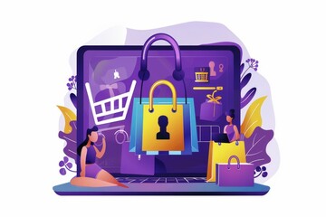 Fototapeta premium Secure e commerce solutions with advanced digital protection, featuring a locked laptop and secure transactions in purple yellow colors for safe online shopping and cybersecurity