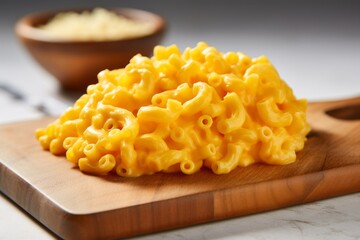 Delicious macaroni and cheese on a wooden board against a white marble background