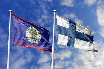 3d illustration. Belize and Finland Flag waving in sky. High detailed waving flag. 3D render....