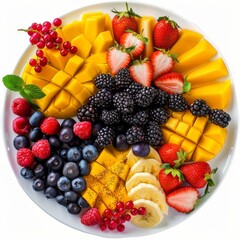 Obraz premium Exotic fruits set with sliced mango, pitahaya, strawberries, blackberries, blueberries and cape gooseberries