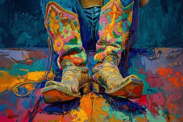 Vividly painted cowboy boots in a colorful abstract setting, capturing western culture and artistic expression.
