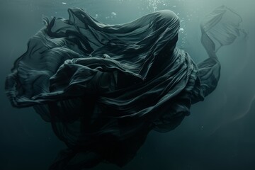 A vast expanse of fabric creates a dramatic underwater landscape with enigmatic light