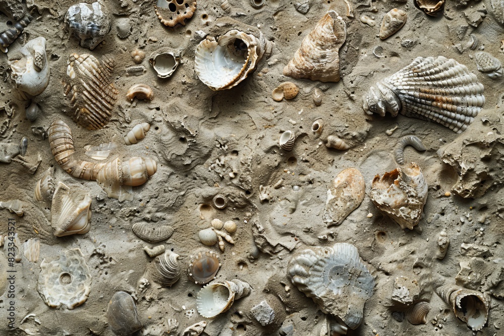 Aufkleber A wide array of ancient fossils in dry sediment highlighting biodiversity