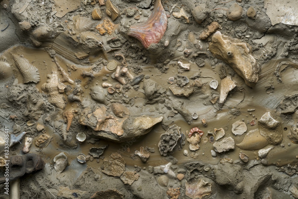 Aufkleber Numerous fossil specimens with varying shapes and sizes in damp mud