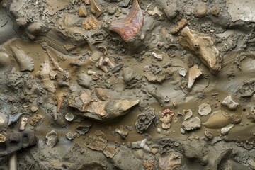 Numerous fossil specimens with varying shapes and sizes in damp mud