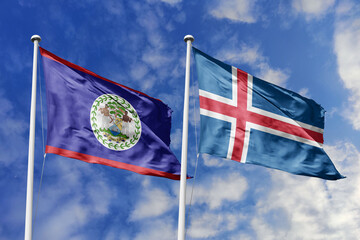 3d illustration. Belize and Iceland Flag waving in sky. High detailed waving flag. 3D render....