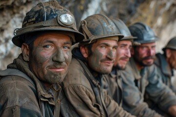Fototapeta premium Coal miners with joyful expressions and soot-covered faces in a group portrait, showing camaraderie