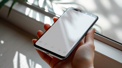 Hand holding a black and white smartphone with a blank screen, positioned at a slight angle, isolated on a white background. The smartphone features a modern frameless design. 