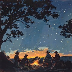 Western scene of cowboys sitting around a campfire under the starlit night sky, creating a nostalgic and adventurous atmosphere.