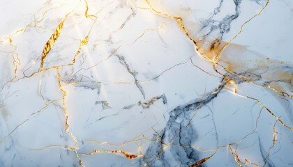 A close-up view of cracked white marble texture with golden veins, providing a luxurious background for various design uses