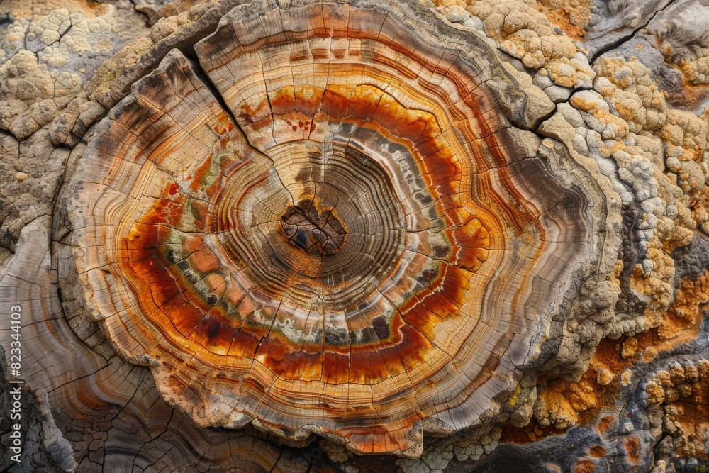 Poster showcasing a detailed petrified wood cross-section, the image reveals the stunning natural pattern a