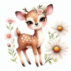 A cute deer with flowers on its head is standing in front of a bunch of flowers