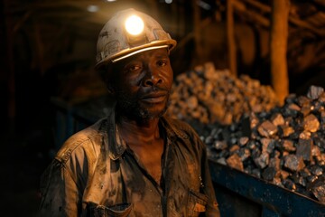 A dirty coal miner wearing a helmet with a lit headlamp stands near a coal pile, representing hard work