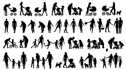 Family silhouettes. Father,  mother and children walk together. Vector illustration