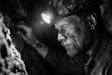 A person in cave exploration gear with a lit headlamp in a dark environment, likely inspecting or navigating