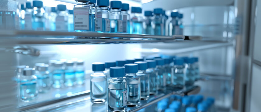Pristine vials of vaccine stored in a modern pharmaceutical fridge.