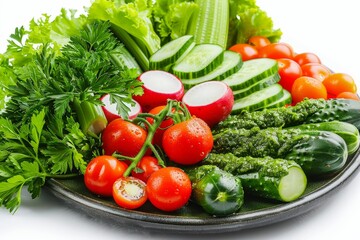 Seasonal Vegetables, Pickles and Greens on White Background, Cherry Tomatoes, Sweet Pepper, Celery
