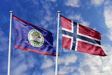 3d illustration. Belize and Norway Flag waving in sky. High detailed waving flag. 3D render. Waving in sky. Flags fluttered in the cloudy sky.