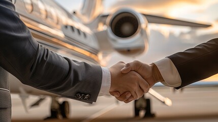 Business handshake in front of a private jet. Concept of successful partnership, deal, corporate travel, and executive agreement.