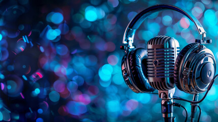 Headphones and a vintage microphone against a vibrant bokeh light background.