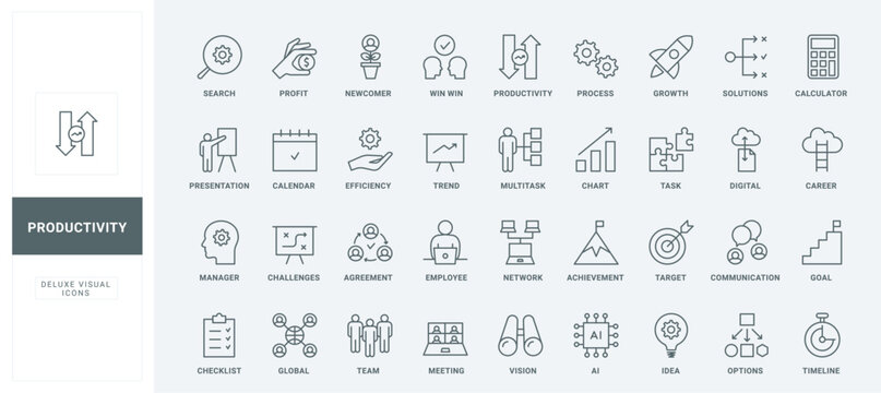 Office meeting presentation in team, profit and career of effective employee, multitask efficiency skills thin black and red outline symbols, vector illustration. Business productivity line icons set