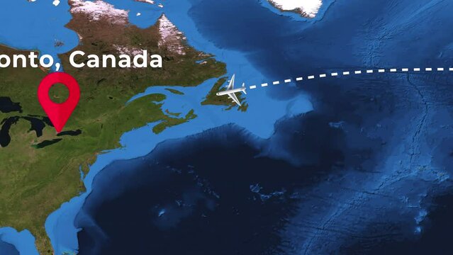 International flight travel route from London to Toronto on worlds map in 4K