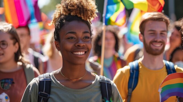 diverse group of protestors marching for LGBTQ+ rights, carrying powerful messages on their signs