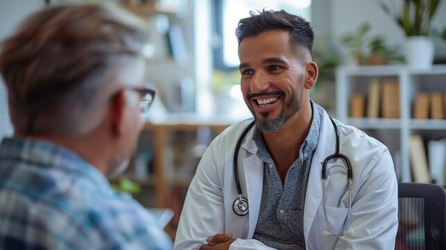 doctor explaining hormone replacement therapy options to a patient in a bright and welcoming office