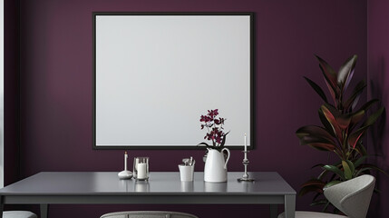 A contemporary dining room showcasing a blank frame under a grey table, with walls painted in a sophisticated deep purple.