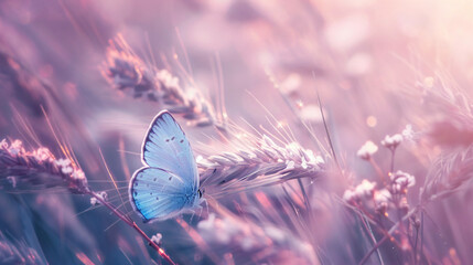 Blue butterfly on tall fluffy violet grass in nature w
