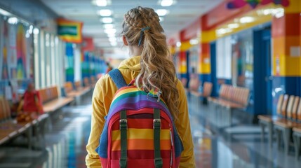 Obraz premium high school student wearing a rainbow pride pin on their backpack, walking confidently down the hallway.