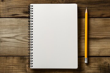 Blank spiral notebook with a yellow pencil on a rustic wooden surface, perfect for writing or sketching - AI generated - Powered by Adobe