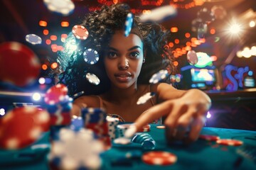 young hispanic woman sitting at casino table with many poker chips flying around, latin female gambling and winning, looking confident and attractive, gamble establishment concept