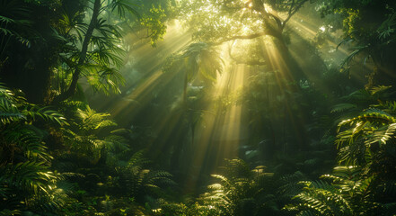 forest sunlight patterns, sunlight shining through the thick forest canopy, bathing the earthy surfaces below in warm hues and highlighting their textures