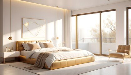 white and gold theme interior modern minimalism photo realism