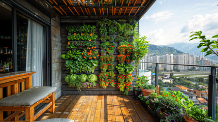 A vertical hanging garden on a veranda in a city apartment