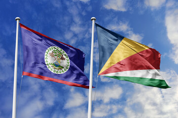 3d illustration. Belize and Seychelles Flag waving in sky. High detailed waving flag. 3D render....