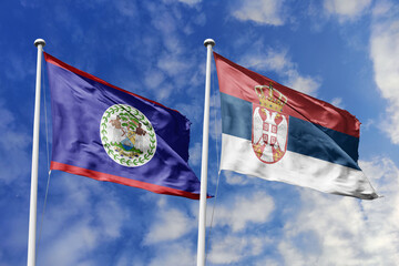 3d illustration. Belize and Serbia Flag waving in sky. High detailed waving flag. 3D render. Waving...