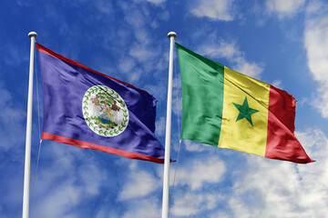 3d illustration. Belize and Senegal Flag waving in sky. High detailed waving flag. 3D render....